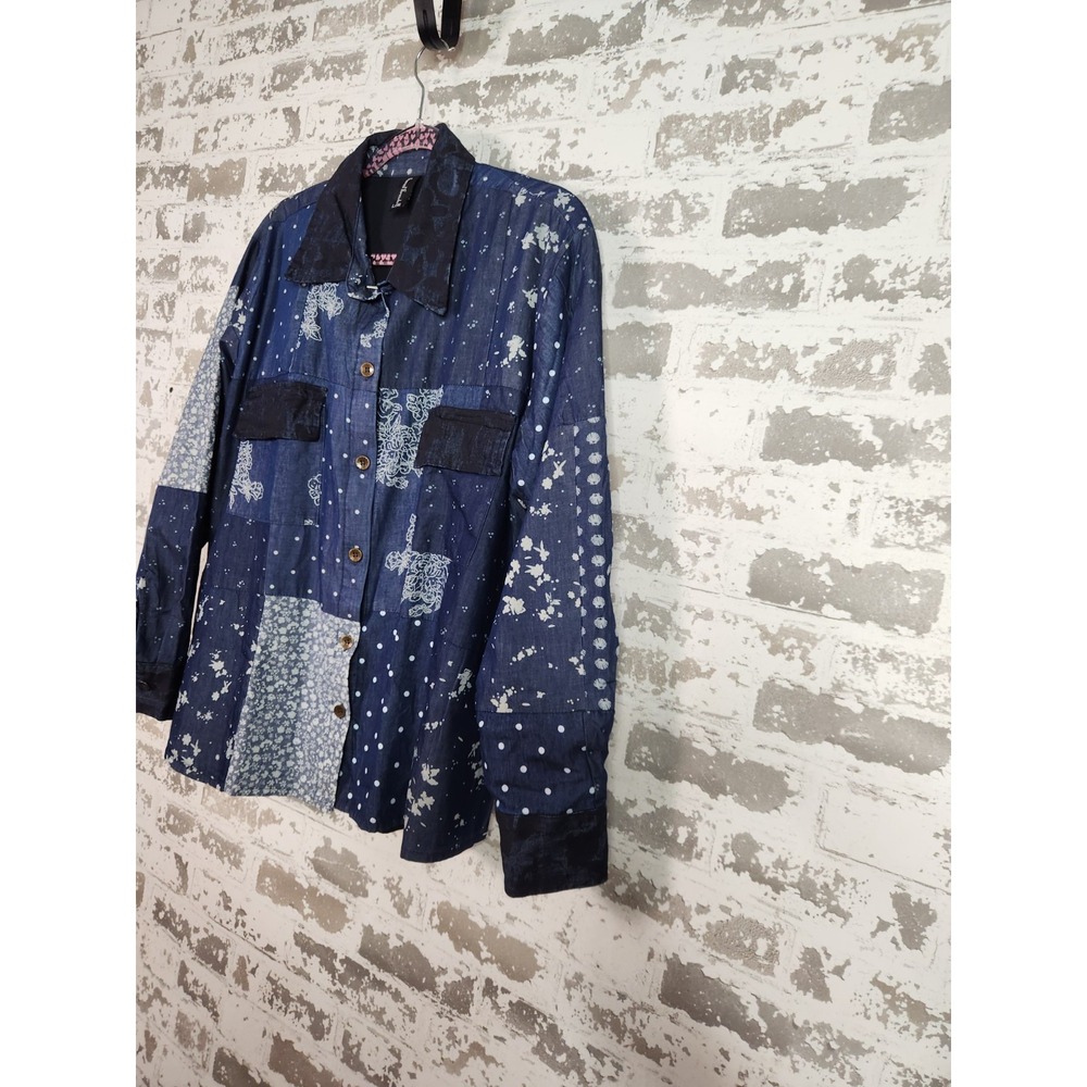 Sacred Threads Patchwork Denim Shacket Size L/XL Blue Geometric Hippie Festival - Picture 3 of 11